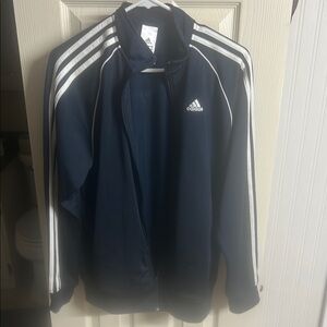 Adidas Men's Dark Blue Windbreaker with White Stripes